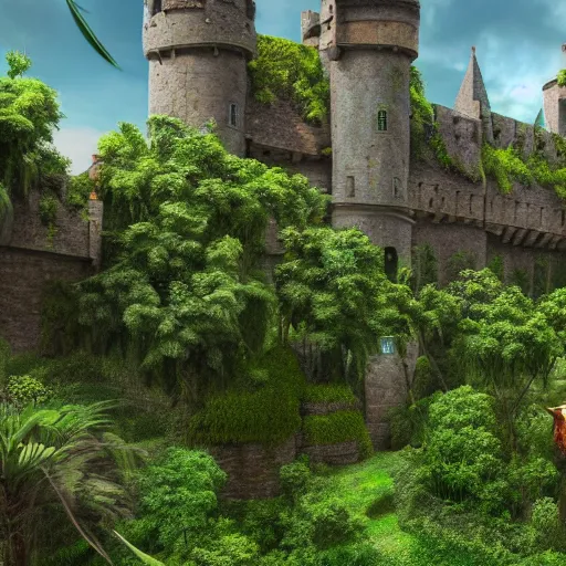 Image similar to medieval castle covered in lush vegetation, matte painting, puffy clouds, 4k, sharp focus, highly detailed