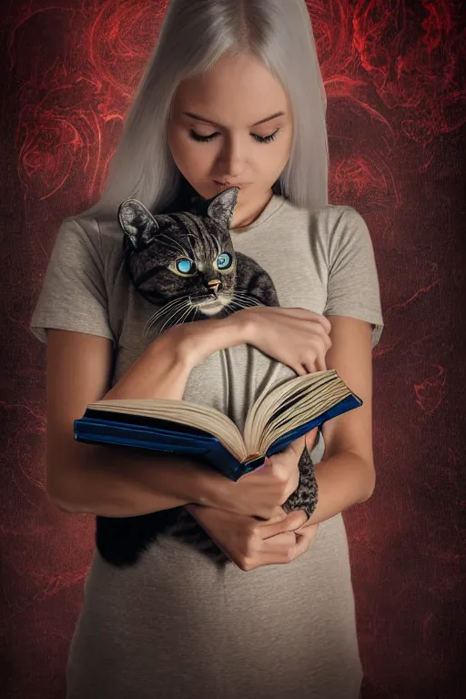 Image similar to photo of bright girl, her cat and her book of necronomicon, symmetrical, cinematic, real dlsr photography, sharp focus, 4 k, ultra hd, sense of awe, sinister demonic atmosphere, dreadful, forbidden knowledge, horrors journal cover