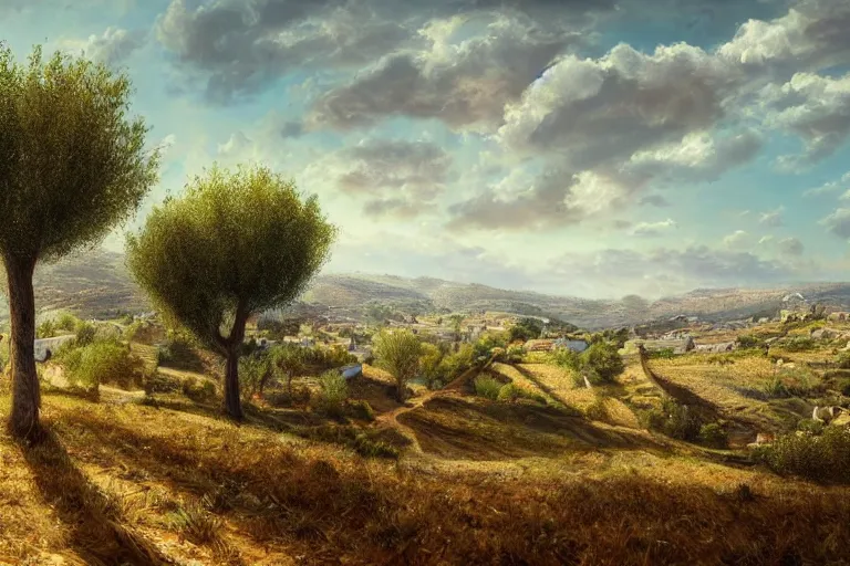 Prompt: beautiful amazing mind-bending stunning inspiring painting of a traditional hilly rural town landscape with many olive trees!, fantasy, painted in photoshop, digital art, hyperrealistic, sharpened, highly detailed, cinematic, wide angle, warm lighting, trending on artstation