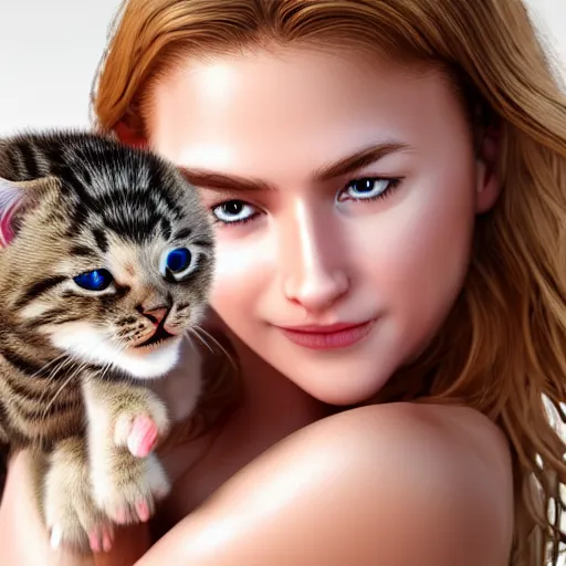 Prompt: photorealistic portrait of blonde young women in bathing suit holding kitten over her head, 3d cgi, photorealistic, cute,