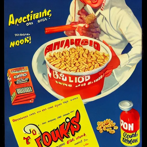 Prompt: an advertisement for a cereal meant to be eaten by snakes circa 1 9 5 0 s, art,