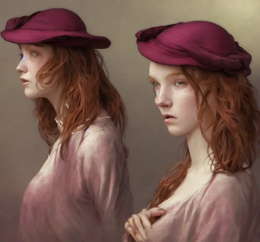 Image similar to one person only, realistic, portrait, centered, dramatic, fantasy, render of a redhead young girl, with a pink wool street hat on her head, by wlop, artgerm, greg rutkowski, alphonse mucha, beautiful dynamic, dramatic, dark, moody lighting, shadows, cinematic atmosphere, artstation, concept design art, octane render, 8 k