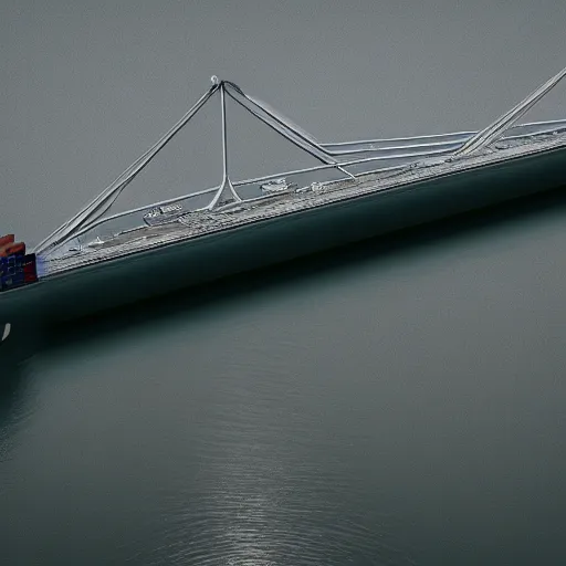 Image similar to a container ship in the water under the francis scott key bridge. the water is choppy and glossy. there is a feeling of powerful immense energy and power. imax 7 0 mm, ultrarealistic, cgsociety, 3 d octane render, ue 5.