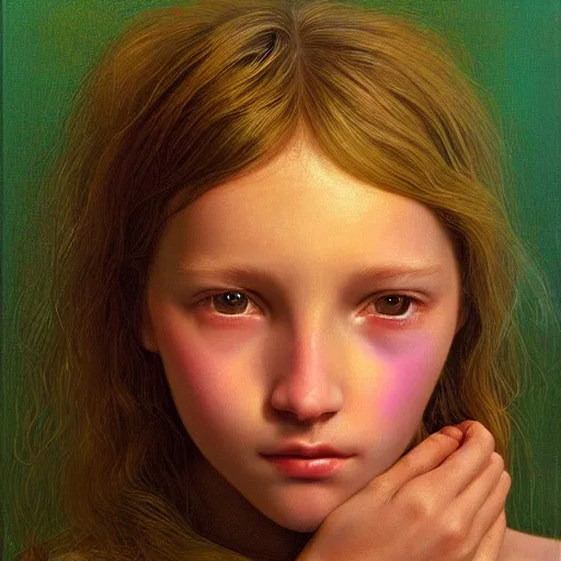 Prompt: A beautiful portrait of a girl with iridescent skin by James C. Christensen