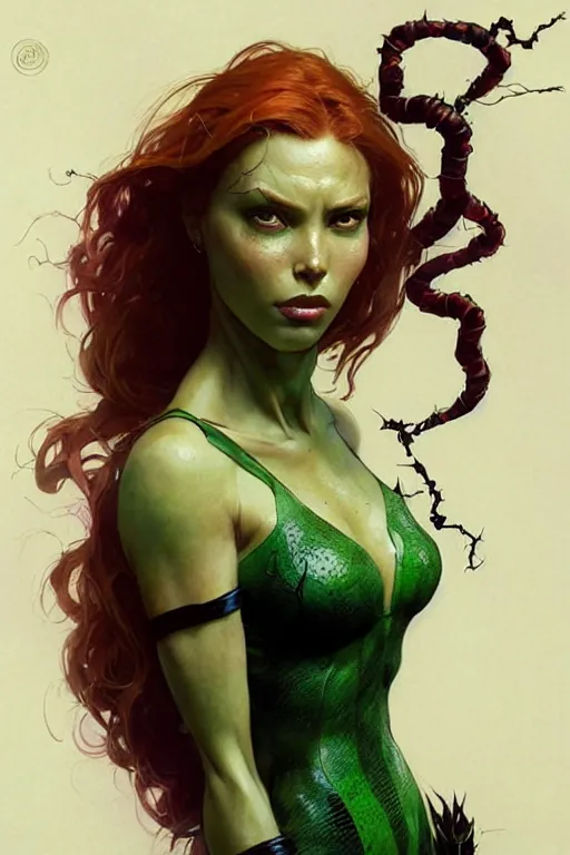 Image similar to aeon flux as poison ivy profile picture by Greg Rutkowski, dynamic pose, matte painting, intricate, fantasy concept art, elegant, by Stanley Artgerm Lau, WLOP, golden ratio, thomas kindkade, alphonse mucha, loish, Peter chung, norman Rockwell,