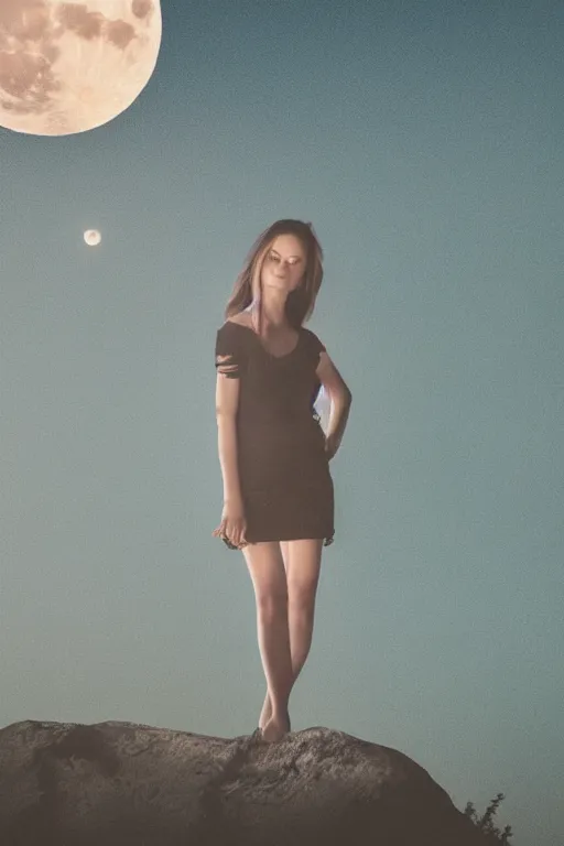 Image similar to the beauty girl standing under a full bright moon, in the evening, cosy environment, back to face, simple and fresh style, dark tones