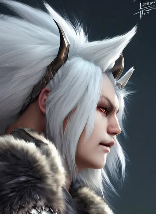 Image similar to warrior, fur - lined wolf armor!!! gorgeous and elegant white hair female!! monster hunter!! character concept art, sharp focus, octane render! unreal engine 5! highly rendered!! trending on artstation!! detailed linework!! illustration by artgerm, wlop, and chie yoshii