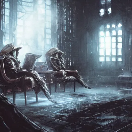 Prompt: hunter from bloodborne sitting next to each other in a room, retrofuturism, sitting next to each other in a room, concept art by yoshiyuki tomino, by yoshiyuki tomino, cg society contest winner, behance contest winner, toonami, redshift, official art, ps 1 graphics