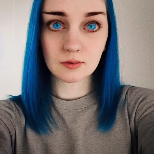 Prompt: a pale girl with wide blue eyes and blue hair, soft facial features, looking directly at the camera, neutral expression, instagram picture