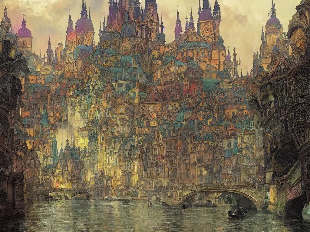 Prompt: a view from the river a city resembling prague, paris, and venice after a rain with a rainbow, intricate, elegant, highly detailed, digital painting, artstation, concept art, smooth, sharp focus, colored illustration for tattoo, art by krenz cushart and artem demura and alphonse mucha,