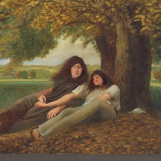 Prompt: young man with long brown hair and woman with long light brown hair, laying under a tree looking at clouds autumn, ( ( ( wearing jeans ) ) ), by charles sillem lidderdale.