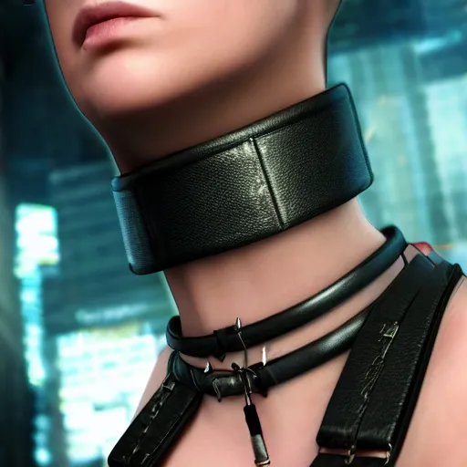 Prompt: detailed realistic female character cyberpunk wearing leather belt collar around neck, realistic, art, beautiful, 4K, collar, choker, collar around neck, punk, artstation, detailed, female, woman, choker, cyberpunk, punk, collar, choker, collar around neck,