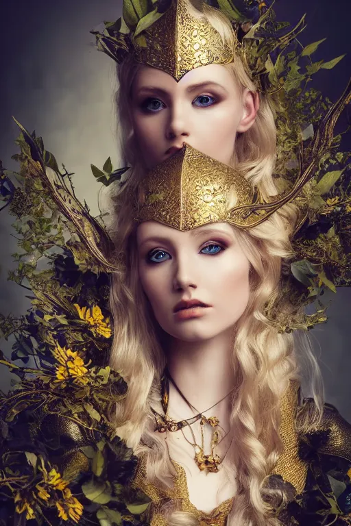 Prompt: very beautiful elven top model, golden hair, wearing gucci gothic victorian armor with leaves and flowers, luxury materials, symmetrical, cinematic, elegant, professional studio light, real dlsr photography, sharp focus, 4 k, ultra hd, sense of awe, high fashion