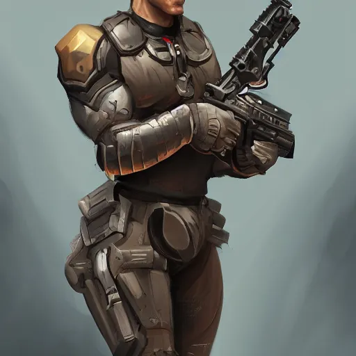 Prompt: portrait of a sleek tan agent armed with a kriss vector, D&D, fantasy, elegant, hopeful, cosmic, muscular, highly detailed, digital painting, artstation, concept art, smooth, sharp focus, illustration