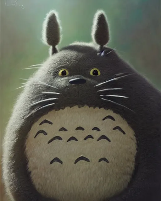 Prompt: portrait of real life totoro, hyperrealistic, very detailed fur, big detailed eyes, sharp focus, fine lines, fine art, soft colors, in rays of sunlight, environmental background, detailed painting by mark arian, artgerm, bastien lecouffe - deharme