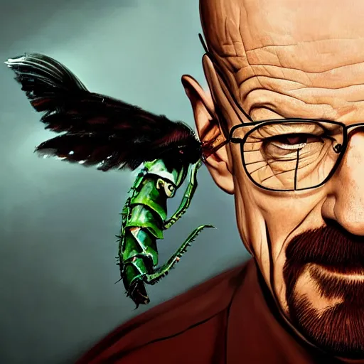 Prompt: painting of walter white eathing delicious a locust, connaisseur, delicious, photorealistic, highly detailed, concept art, matte, smooth, sharp focus, 8 k