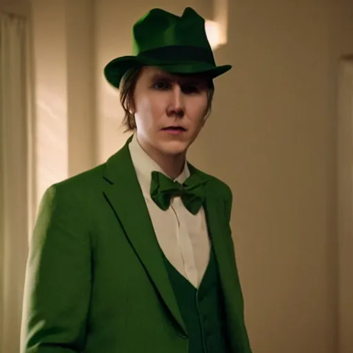 Image similar to film still of Paul Dano as Riddler in a green suit and tie and green fedora no mask in The Batman, 4k, dark lighting, film noir, grainy, dark tone