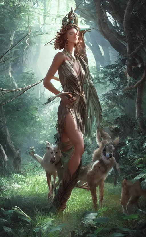 Image similar to Greek Goddess Artemis in forest with animals, full body portrait by loish and WLOP, octane render, dynamic lighting, asymmetrical portrait, dark fantasy, trending on ArtStation