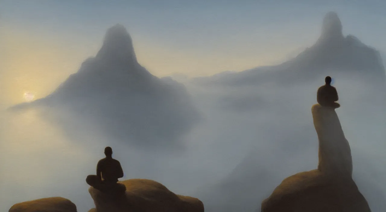 Image similar to anderson debernardi painted style a one silhouette of a meditating monk sitting in the fog on a stone protruding from the water in the rays of the morning sun