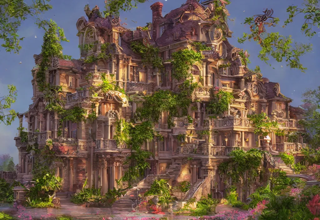 Prompt: a mansion, trending on artstation, vibrant colors, gorgeous, beautiful, magnificent, high quality, 8 k, very detailed, intricate