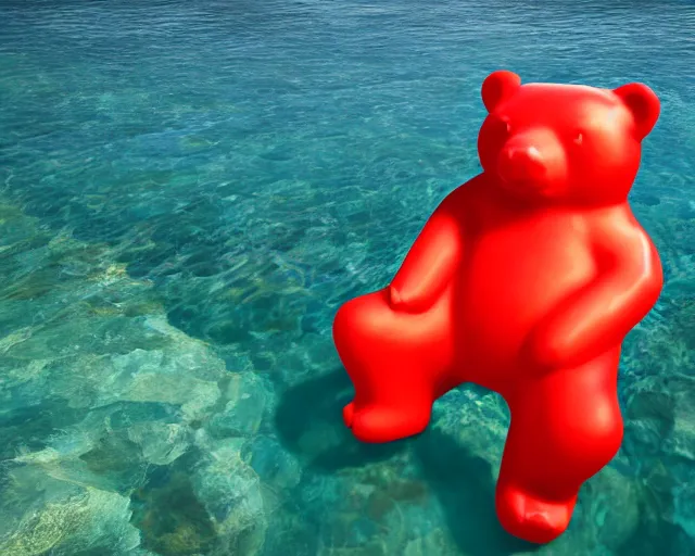 Image similar to a giant sculpture of a giant gummy bear on the ocean water, award winning, hyper - realistic, very detailed, realistic water, water splashes, ray tracing, 8 k resolution, long - shot, sharp focus, low angle, 8 5 mm photograph, wide lens