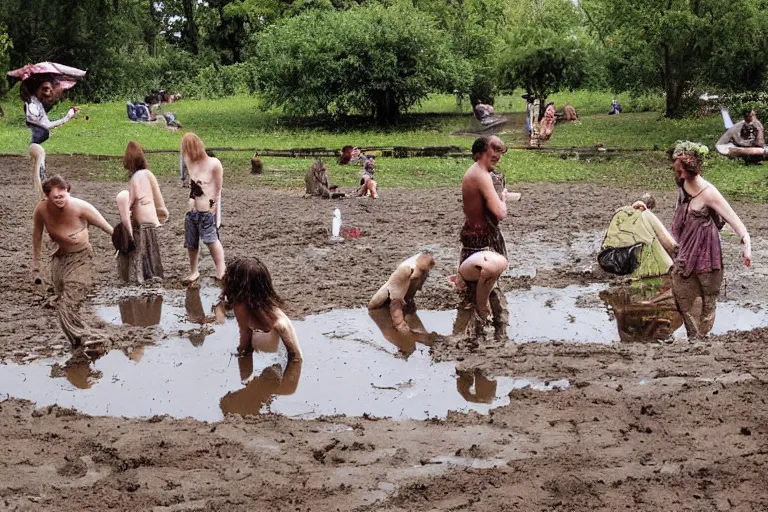 Prompt: hippies wallowing in a mud puddle