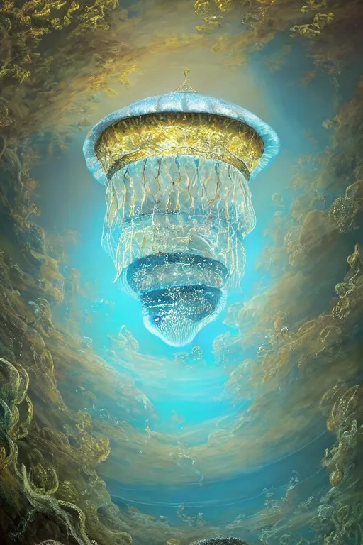 Prompt: a beautiful painting of a cylindrical moon jellyfish tank in an aquarium, ray of light, shimmering and prismatic, rococo, highly detailed, trending on artstation.