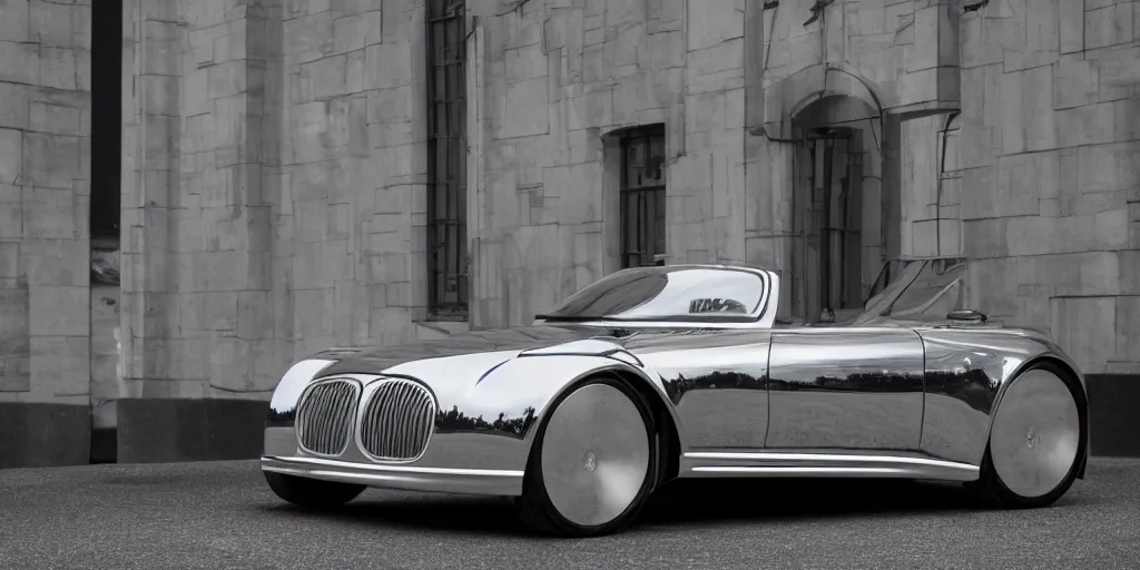 Prompt: Photo of a chrome sports car designed by Rene Magritte, sigma 50mm, ƒ/8, hyper detailed.