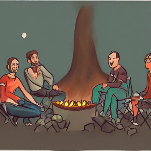 Prompt: a sketch drawn of a group of friends sitting near to a fireplace in a camping, the moon is visible, by gabo mendoza, trending on artstation