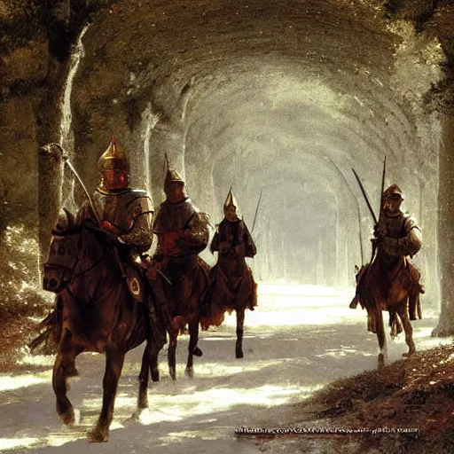 Prompt: a small group of medieval european knights are riding in a column through a dark wood along a small stream, highly detailed, digital painting, sharp focus, by alber bierstadt greg rutkowski