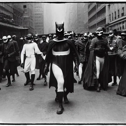 Image similar to old black and white photo, 1 9 1 3, depicting masked superheroes walking through the bustling streets of new york city, historical record