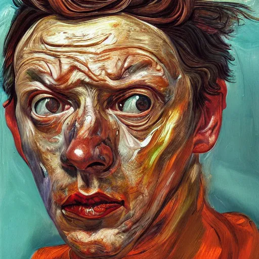 Image similar to high quality high detail portrait painting of a man in agony by lucian freud and jenny saville and francis bacon, hd, anxiety, turquoise and orange