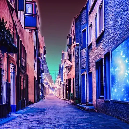 Image similar to a volumetric city of pure blue light, beautiful street with city structures of blue light emission, perspective looking through augmented reality, this town is rendered but the street is real life, photo