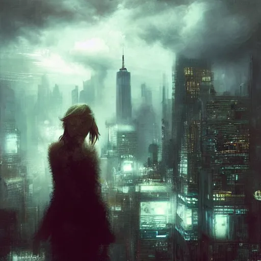 Image similar to “ a girl standing on a ledge looking down at a futuristic new york city below, ghostpunk, storm clouds, very detailed, by craig mullins ”