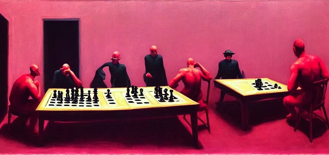 Prompt: time will tell on their power minds, making war just for fun, treating people just like pawns in chess, wait till their judgement day comes highly detailed oil painting, by francis bacon, edward hopper, adrian ghenie, glenn brown, soft light 4 k in pink, cinematic composition, cinematic lighting, masterpiece