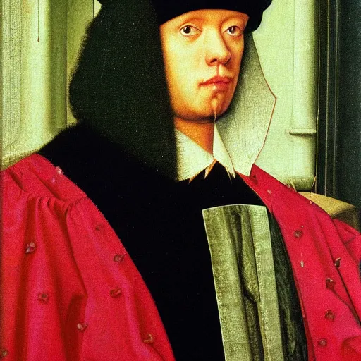 Prompt: a portrait of a person jacked into their cyberdeck by Jan van Eyck