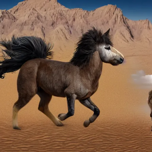 Prompt: Fluffy Maine Coon riding on a poney in the desert. Highly realistic. Highly detailed. High resolution. 4k. 8k