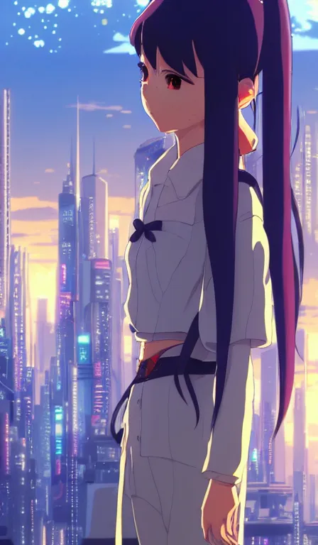 Image similar to anime fine details portrait of Sakuna in front of cyberpunk moder city landscape on the background deep bokeh, close-up view, anime masterpiece by Studio Ghibli. 8k, sharp high quality anime, artstation