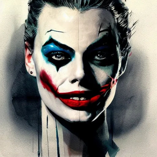 Prompt: portrait of margot robbie with light joker make up, artwork by guy denning and charlie bowater,