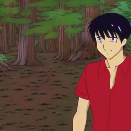 Image similar to a still of a 90s OVA of a man with black hair wearing a red shirt in a forest