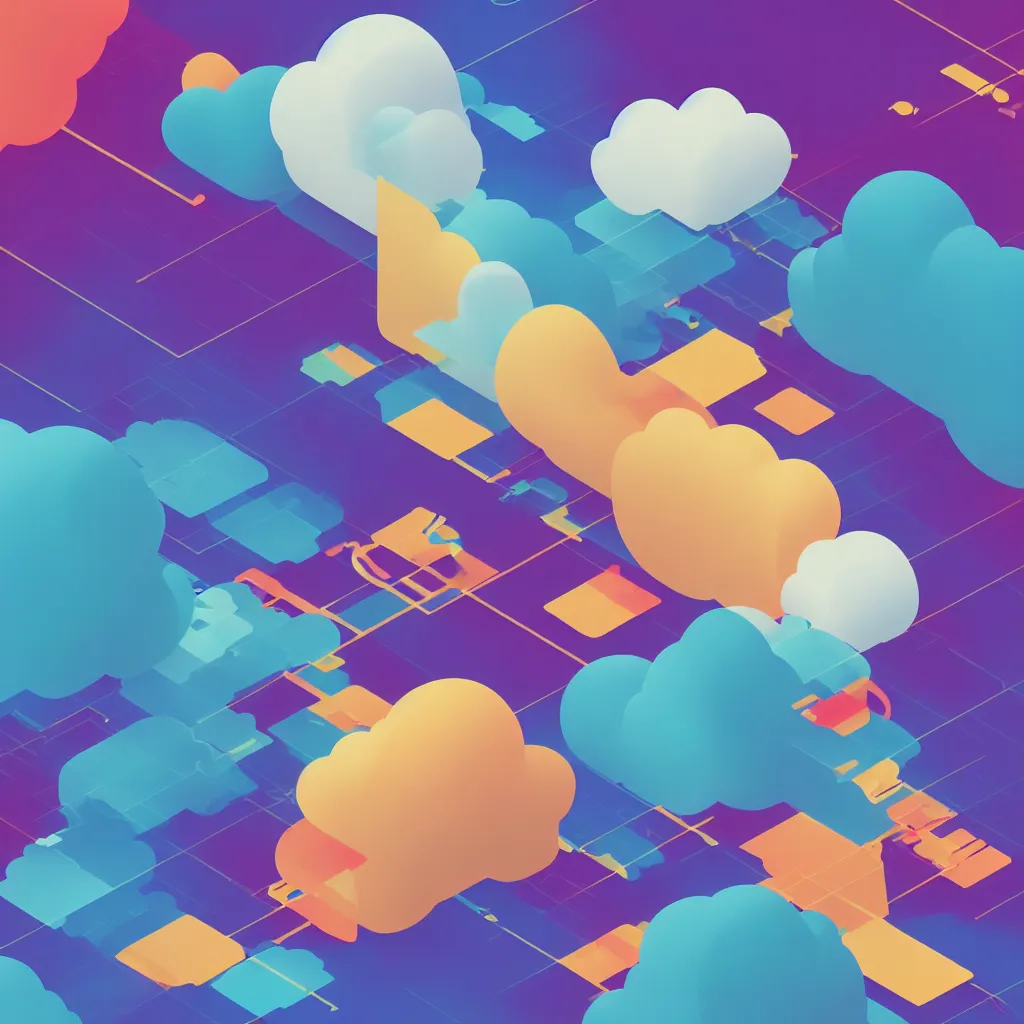 Image similar to a simple micro-service deployed to a public cloud, security, attack vector, trending on Artstation, painting by Jules Julien, Leslie David and Lisa Frank, muted colors with minimalism