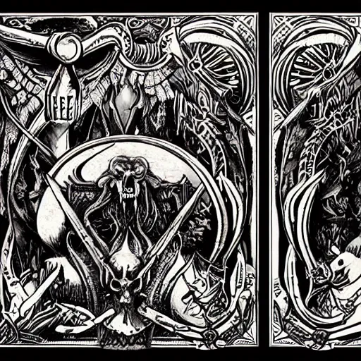 Image similar to diabolus in musica, two frames!!! layout, album cover art in a style of motorhead