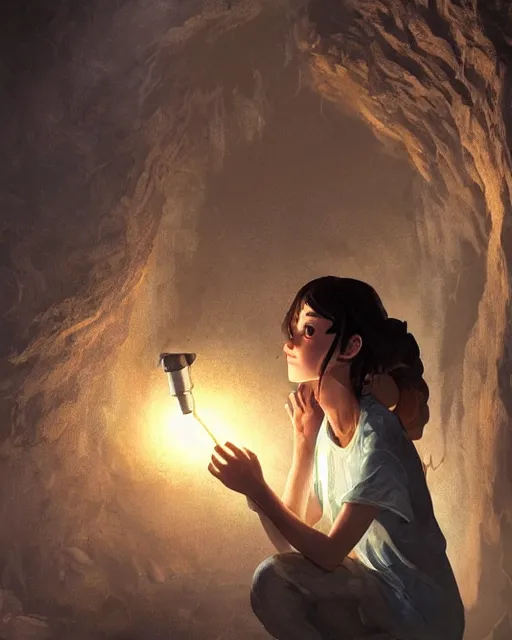 Prompt: a beautiful coalminer woman in a mine lit by a lamp, ambient cave lighting, detailed face, by makoto shinkai, stanley artgerm lau, wlop, rossdraws