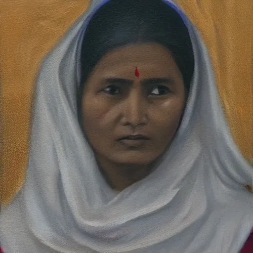 Image similar to a nepali woman wearing a white shawl, sad, oil painting