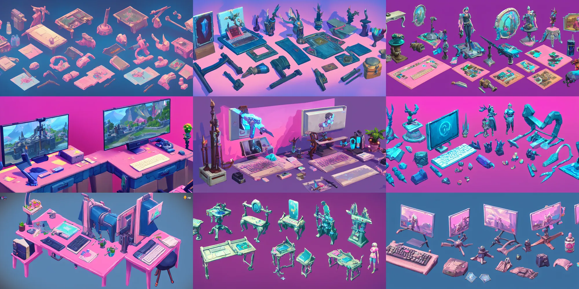 Prompt: game asset of closeup the sims desk decor, in gouache detailed paintings, props, stylized, 2 d sprites, kitbash, arcane, overwatch, blue and pink color scheme, 8 k, close up