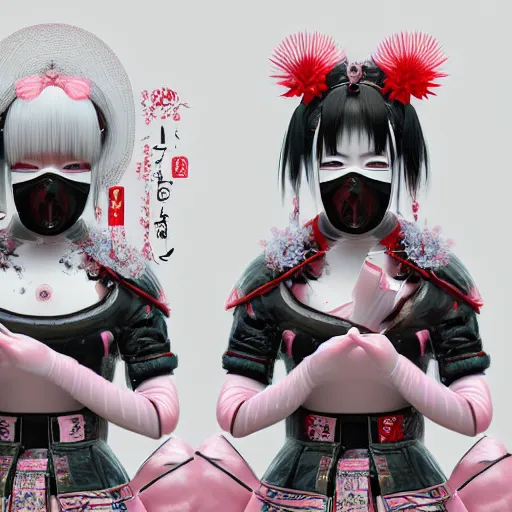 Prompt: japanese android geishas in a ceremony with extremely detailed respirators and head gear, inspired by die antwoord beautiful, hand painted textures, cloth physics, deviantart, karol bak, masamune shirow, black and white, beautiful kawaii lighting, photorealistic, concept art, perfect render, 3 d render, pixar, 8 k