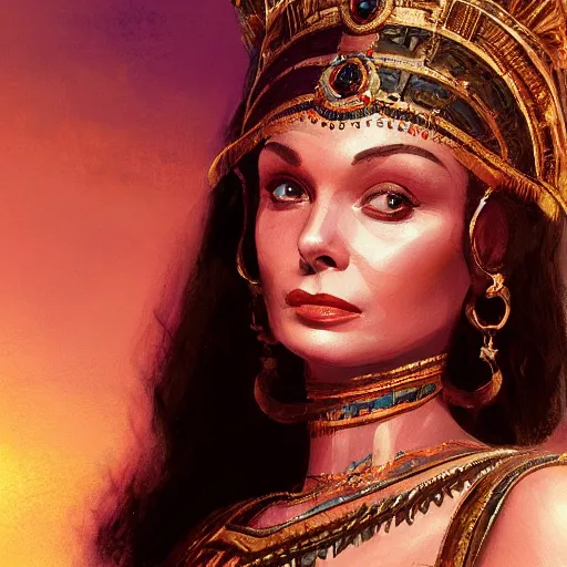 Image similar to closeup portrait of a young vivian leigh as cleopatra, palace background, dramatic light, gorgeous view, depth, high detail, digital art, painted by greg rutkowski, trending on artstation