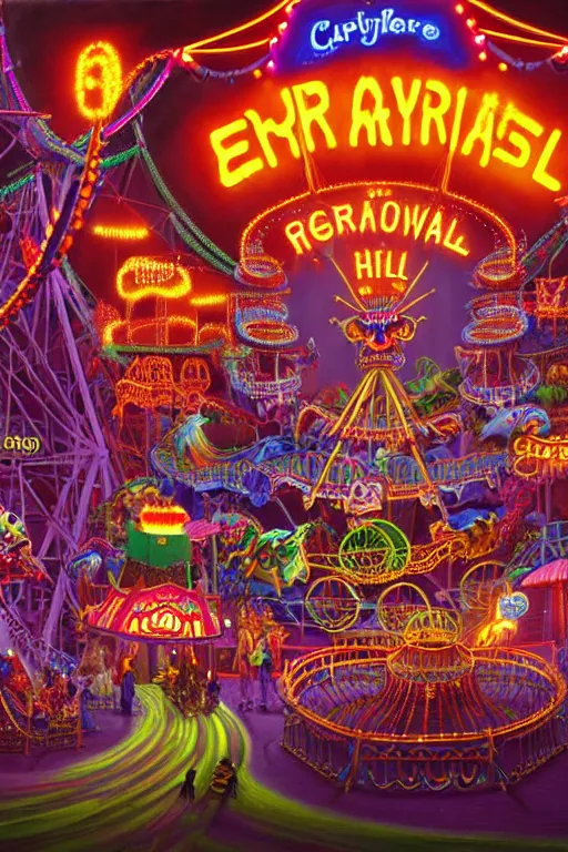 Image similar to a hyperrealistic detailed painting of an ornate evil carnival in town with rides, glowing lights, colorful, chimeric horror creatures riding a rollercoaster. cinematic lighting, depth perspective, depth of field, by chris cunningham and richard corben, highly detailed, vivid color,