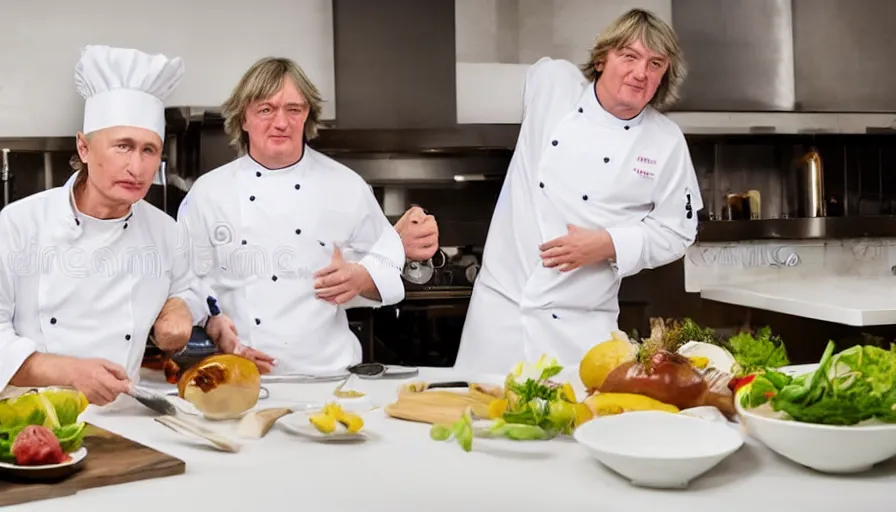 Image similar to vladimir putin and james may in white apron in kitchen cooking dinner. stock photo, high key lighting, photograph