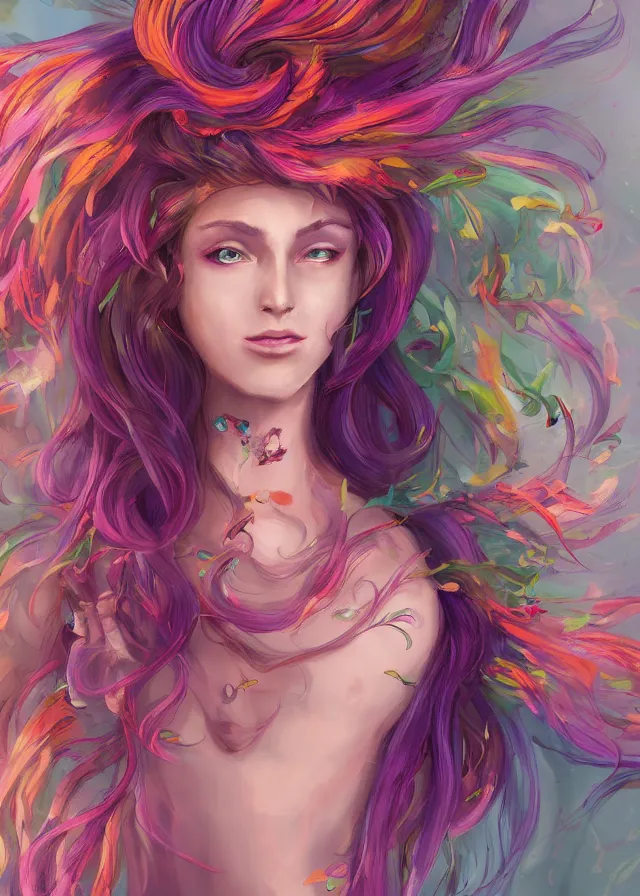 Image similar to a colorful and provenance illustrations painting of the fantasy female who with floral wing, highly detailed, her hair made of hair made of air wind and curling smoke, mist, dust, genie, spirit fantasy concept art, art by ketner and jeremiah, trending on artstation.